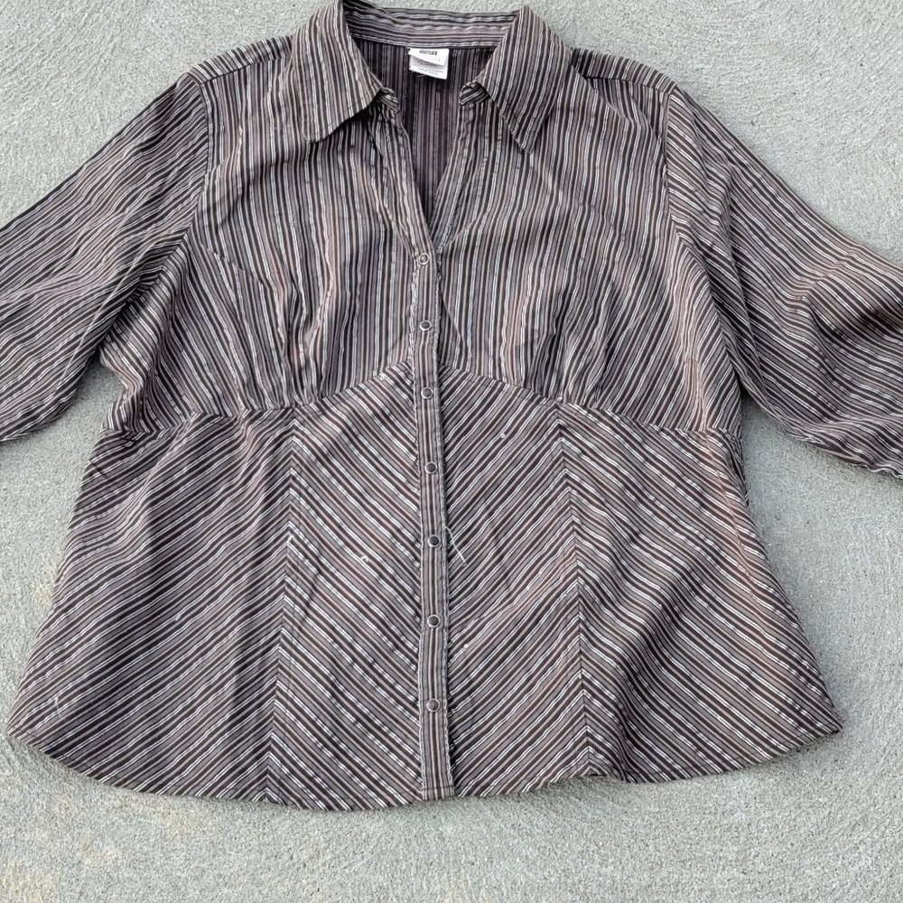 Faded Glory Women's Plus Stretch 3/4 Sleeve Brown V-neck Snap Blouse 18W 20W